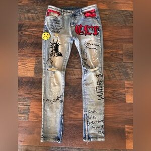NWOT SIA COLLECTIVE Stylish Distressed Jeans with Graphic Graffiti Designs